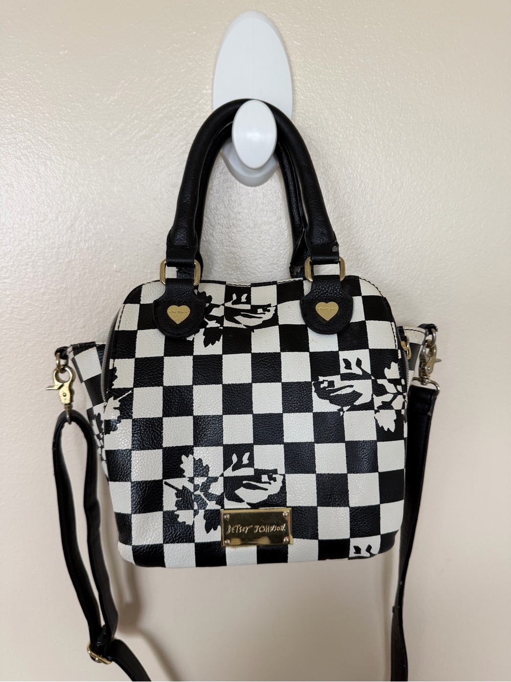 BETSEY JOHNSON Black & White Checkered Floral Satchel Crossbody Handbag